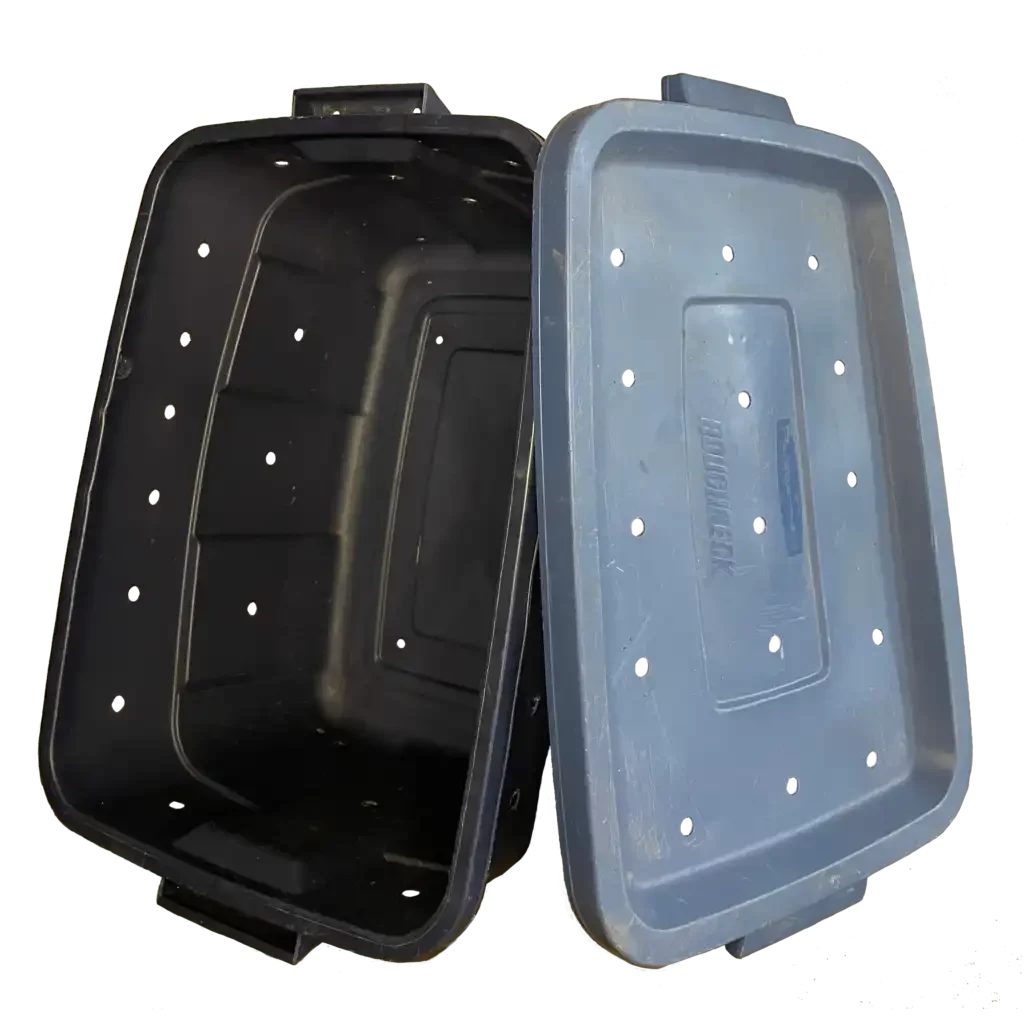 Rubbermaid Tote with holes drilled for drainage and air flow to be used as a vermicompost bin
